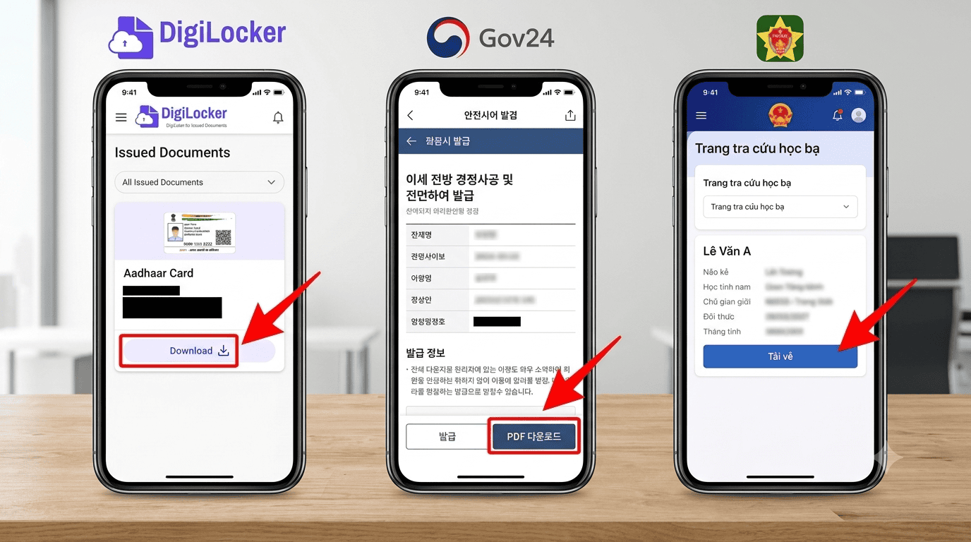 Where to download a child’s DigiLocker marksheet, Gov24 English transcript and Vietnamese học bạ số with personal data blurred