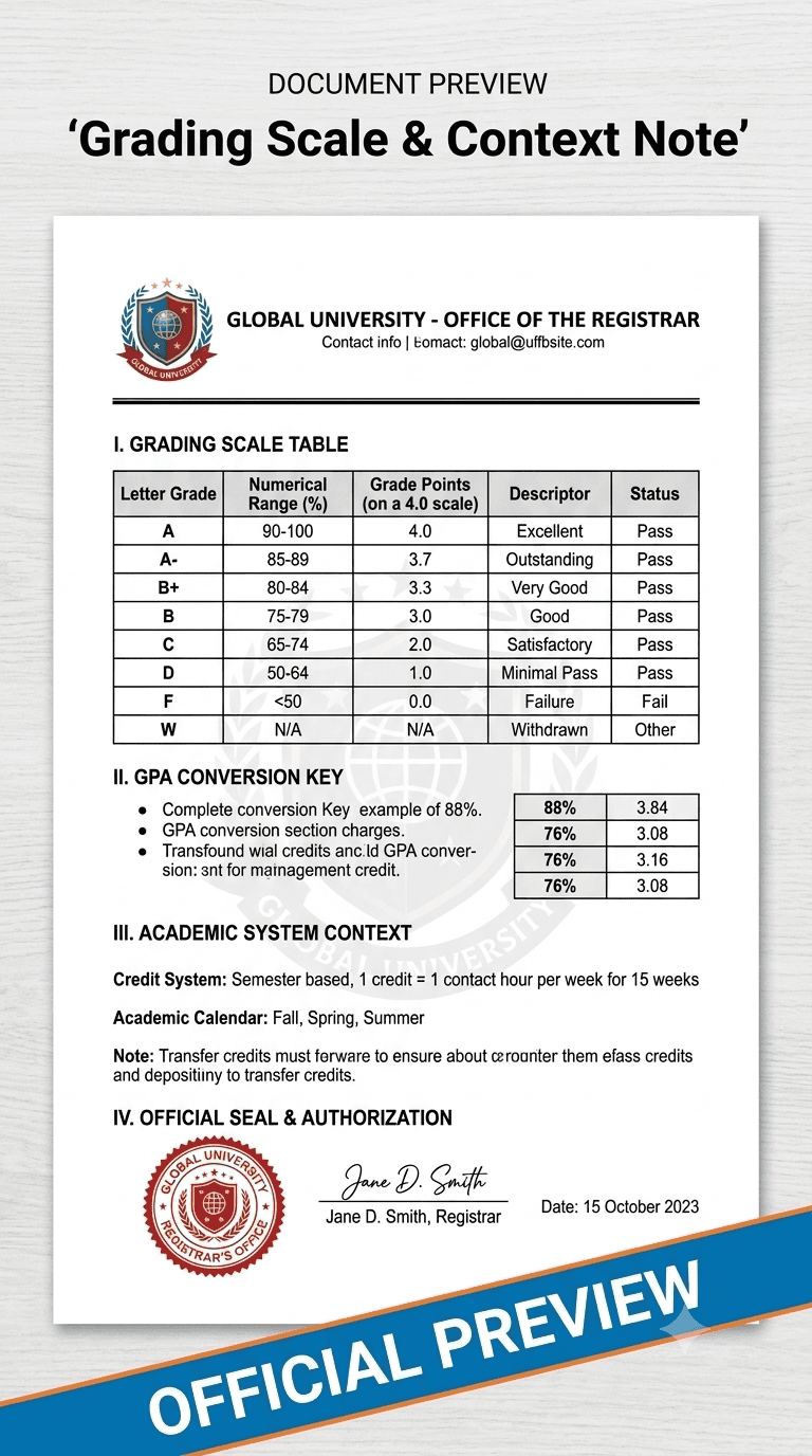 Grading scale legend template for international school admissions in Hanoi