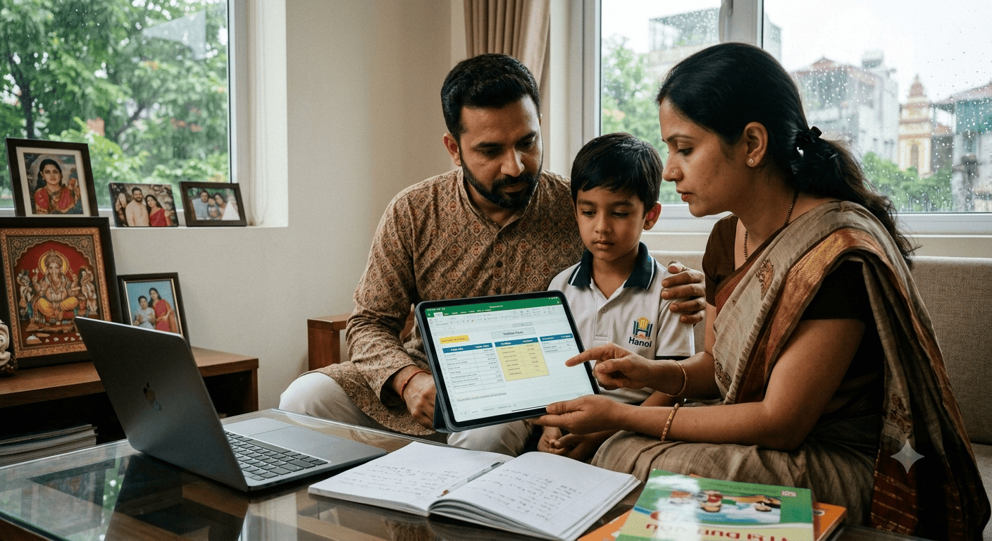 Indian parent reviewing international school tuition fees in Hanoi on a tablet