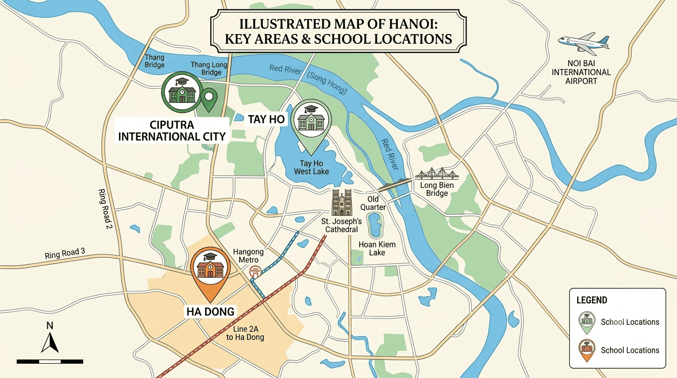 Map of Hanoi showing Tay Ho, Ciputra, and Ha Dong international school districts